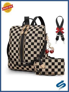 Checkered Canvas Backpack Purse for Women Laptop Backpack Work College